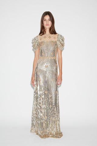 Huishan Zhang - Claudette Gown in Silver Gold-Dresses-Wardrobe Apparel