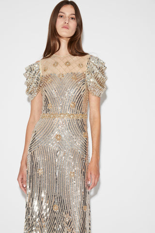 Huishan Zhang - Claudette Gown in Silver Gold-Dresses-Wardrobe Apparel