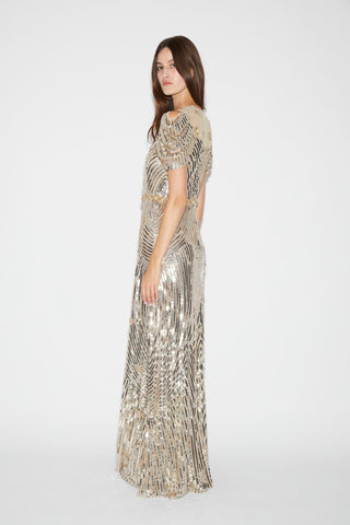 Huishan Zhang - Claudette Gown in Silver Gold-Dresses-Wardrobe Apparel