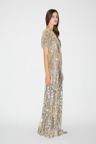 Huishan Zhang - Claudette Gown in Silver Gold-Dresses-Wardrobe Apparel