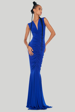 Norma Kamali - Deep V Neck Shirred Fishtail Gown in Electric Blue