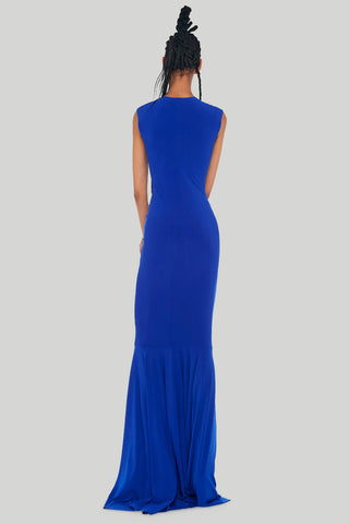 Norma Kamali - Deep V Neck Shirred Fishtail Gown in Electric Blue