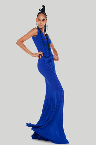 Norma Kamali - Deep V Neck Shirred Fishtail Gown in Electric Blue