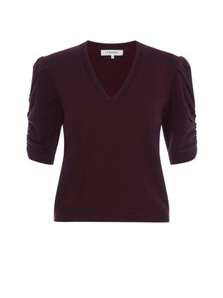 Frame - Ruched V-Neck Cashmere Sweater in Deep Burgundy-Shirts & Tops-Wardrobe Apparel